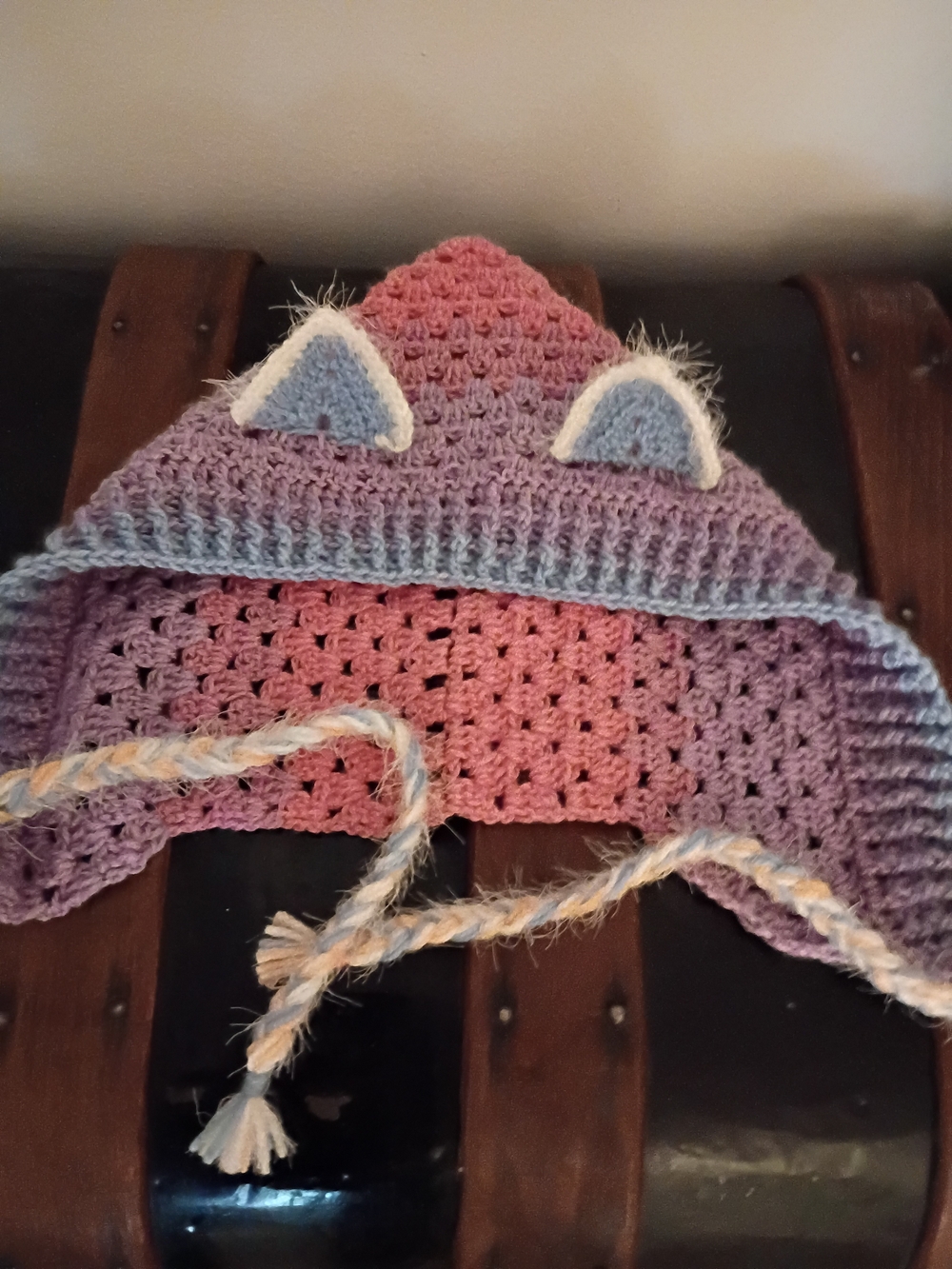 Handmade Pink and Purple Crochet Kids Hood With Fuzzy Ears